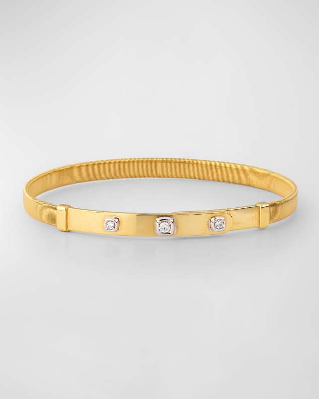 18K Yellow Gold Coil and Diamond Thin Bangle Bracelet
